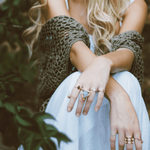 macro influencer woman sitting in garden