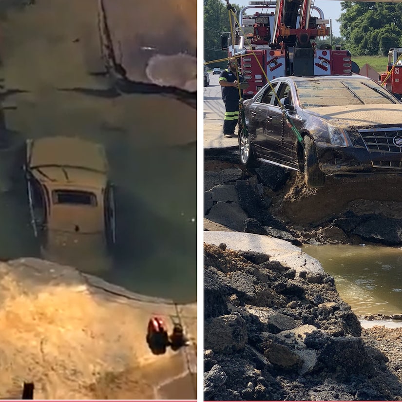 Cadillac Driver Ignores Barriers Around Waterworks Repairs, Instantly Regrets it